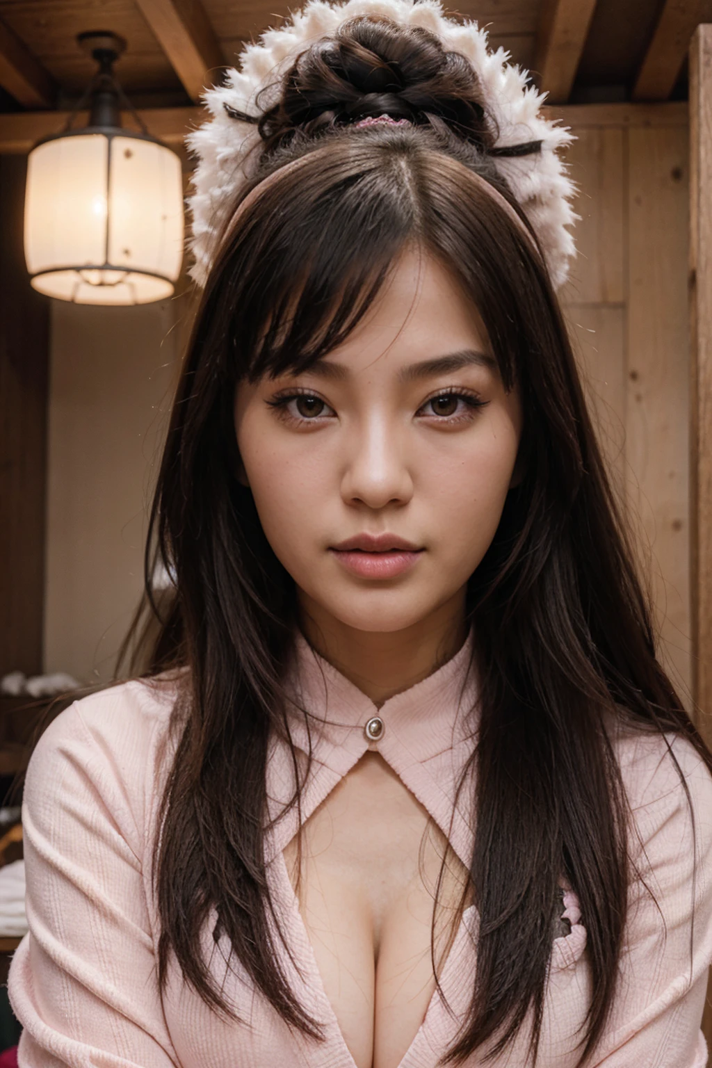 portrait, young woman, Cossack-Japanese, beautiful, sexy, plump pink lips