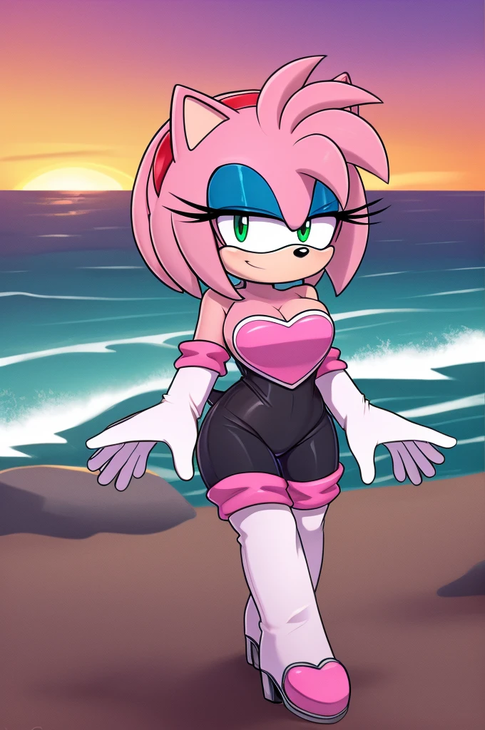 score_9, score_8_up, 2D, flat color, looking at viewer, (1girl), (solo), very detailed, extremely detailed, Amy Rose from the sonic the hedgehog series, portrait, smug expression,  hair down, hair bangs, large bust, milf, Rouge cosplay, cosplay, Rouge the Bat outfit, she wears a black skin-tight and strapless low-cut jumpsuit, a pink heart-shaped chest plate outlined with thin white trim, elbow-length white gloves and thigh-high high-heeled boots with pink cuffs to match them, with the latter featuring both gray soles and heels, along with steel toes in the appearance of pink hearts, matching her jumpsuit's chest plate, walking on the beach with the ocean waves in a nice sunset, 
