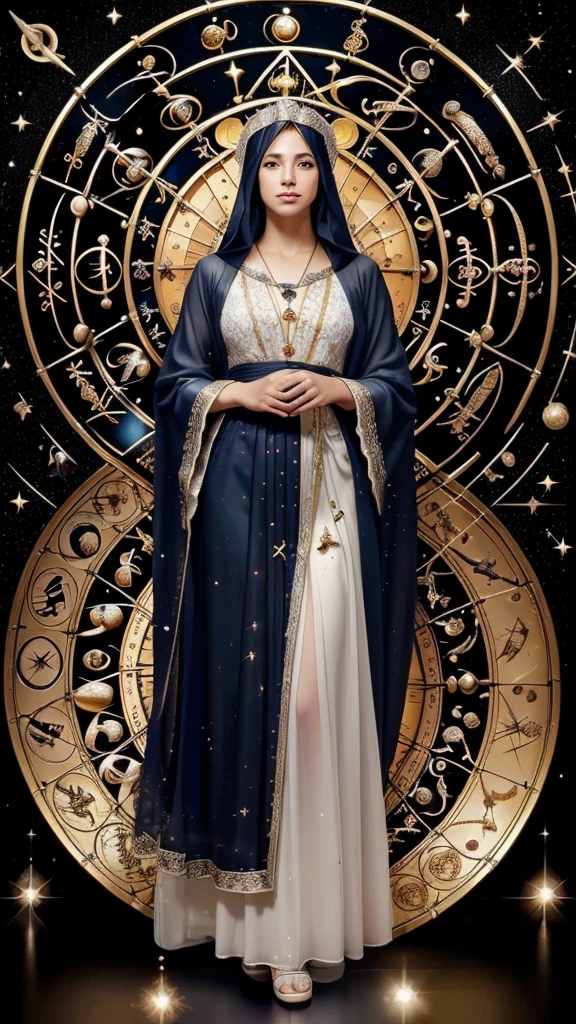 ((masterpiece, highest quality, Highest image quality, High resolution, photorealistic, Raw photo, 8K)), ((Astrologer:1.5)), Names of constellations and zodiac signs, constellations, astrology, unknown constellations, geometry and astrology, constellations, constellation Libra, very accurate and detailed, Libra, accurate and detailed, accurate depiction, numerology, very accurate, with constellation, Pisces, magical emblem, constellation, full body shot of astrologer wearing lace robes and veil hiding face,
