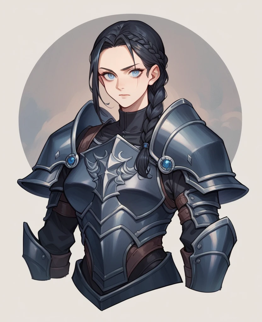 hyperrealisti, Black haired woman with braid, 24 years, blue colored eyes, dressed in dark black armor.
