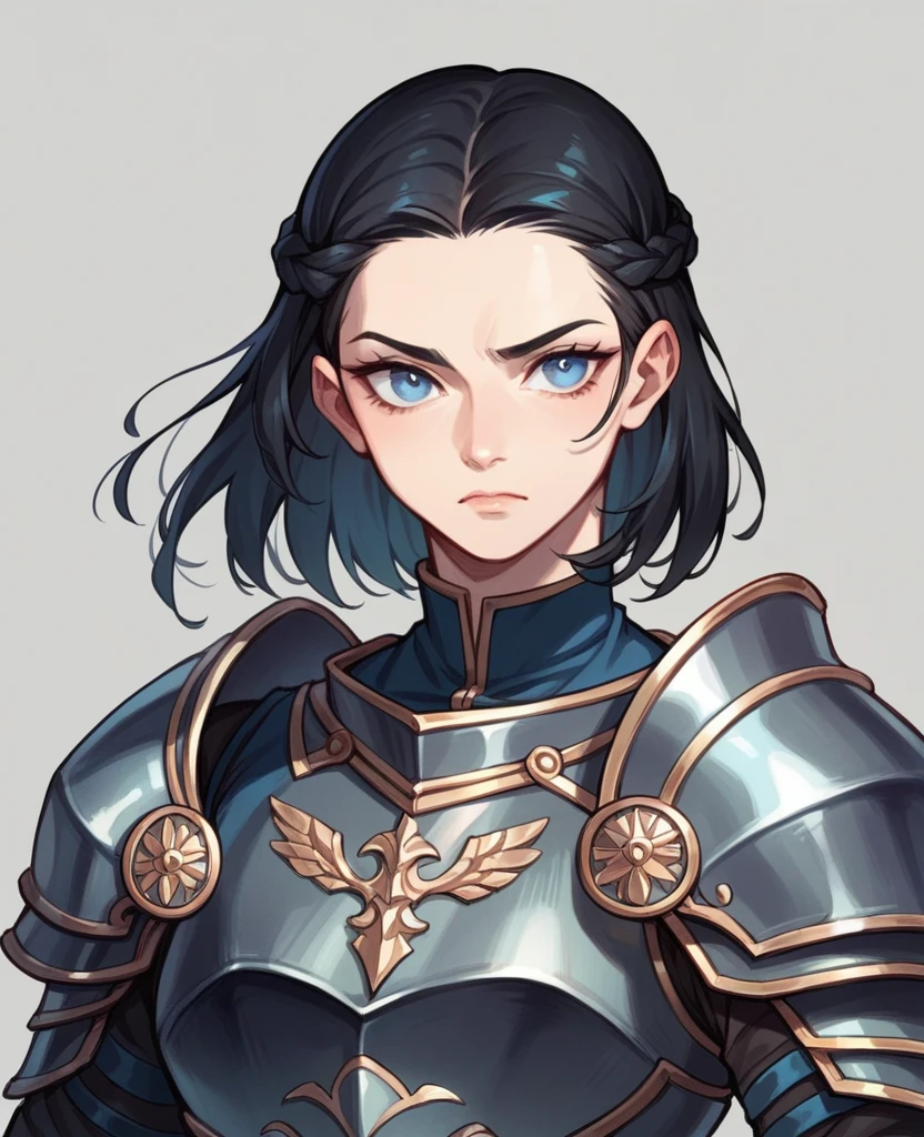hyperrealisti, Black haired woman with braid, 24 years, blue colored eyes, dressed in dark black armor.