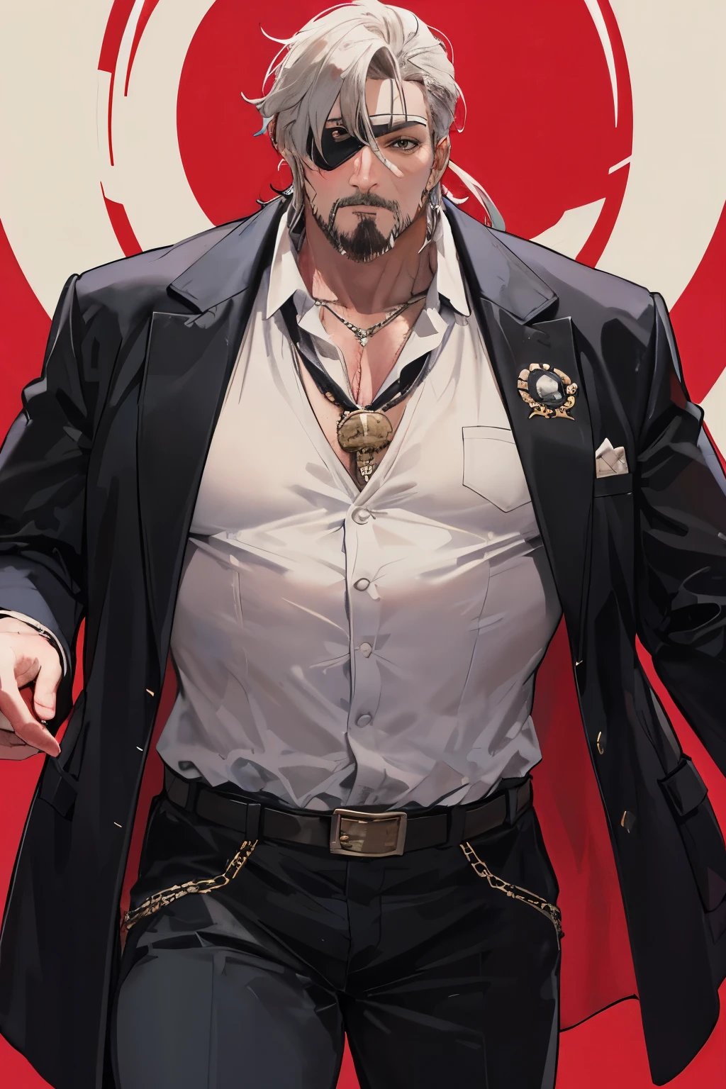 wildwest man
man in his 50s a tall, big, strong man with a black goatee who is an expert in and wears an eye patch