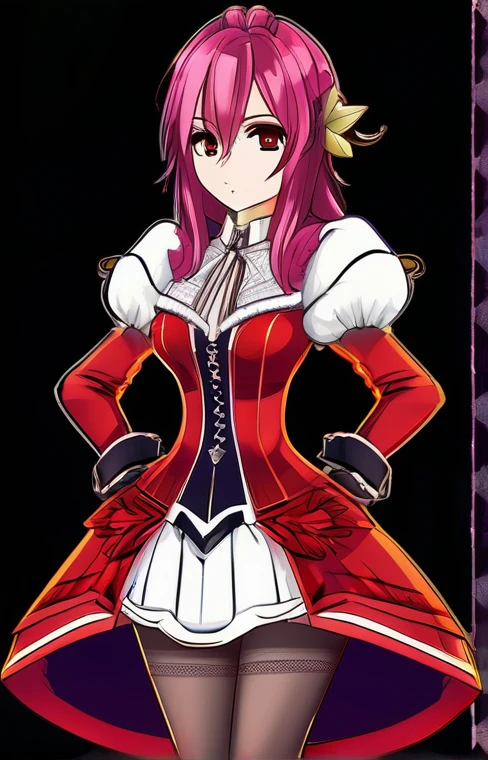 Digital illustration of an anime-style character. The character has long, spiky, dark pink hair with a distinctive style, featuring two prominent strands framing the face. She has large, expressive brown eyes and a fair skin tone. The character is dressed in a detailed, elaborate outfit consisting of a red corset with gold trim, a white blouse with puffy sleeves, and a layered red and white skirt with a high-low hemline. She also wears long black gloves and thigh-high stockings. A green pendant necklace adorns her neck, adding a touch of elegance to her appearance. The overall style is vibrant and detailed, typical of anime character design.