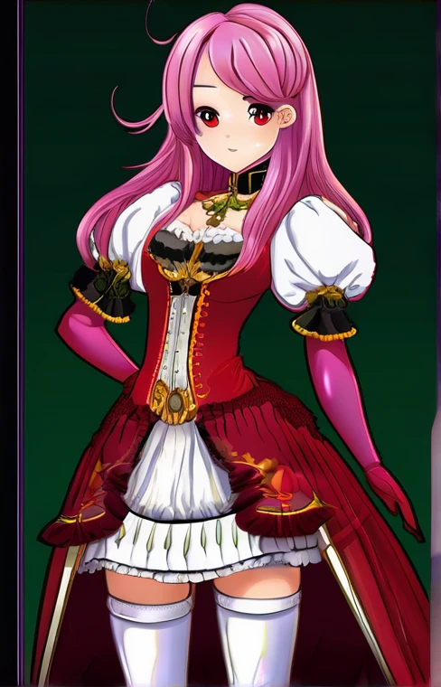 Digital illustration of an anime-style character. The character has long, spiky, dark pink hair with a distinctive style, featuring two prominent strands framing the face. She has large, expressive brown eyes and a fair skin tone. The character is dressed in a detailed, elaborate outfit consisting of a red corset with gold trim, a white blouse with puffy sleeves, and a layered red and white skirt with a high-low hemline. She also wears long black gloves and thigh-high stockings. A green pendant necklace adorns her neck, adding a touch of elegance to her appearance. The overall style is vibrant and detailed, typical of anime character design.