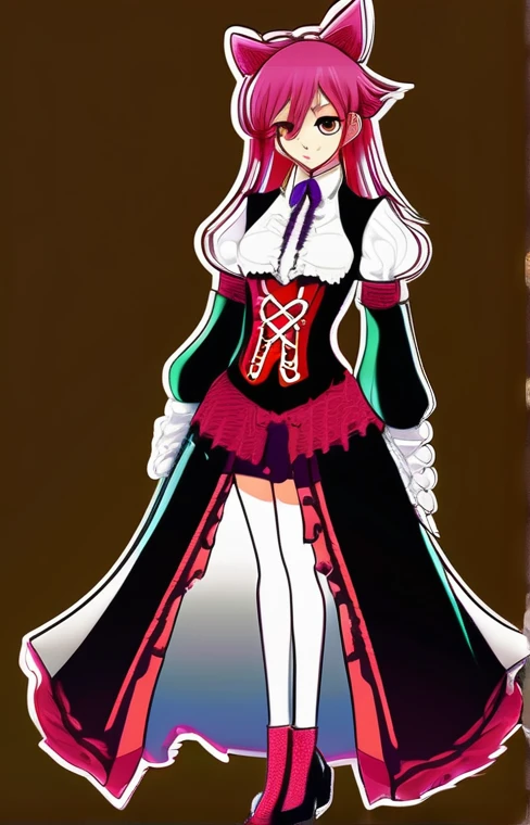 Digital illustration of an anime-style character. The character has long, spiky, dark pink hair with a distinctive style, featuring two prominent strands framing the face. She has large, expressive brown eyes and a fair skin tone. The character is dressed in a detailed, elaborate outfit consisting of a red corset with gold trim, a white blouse with puffy sleeves, and a layered red and white skirt with a high-low hemline. She also wears long black gloves and thigh-high stockings. A green pendant necklace adorns her neck, adding a touch of elegance to her appearance. The overall style is vibrant and detailed, typical of anime character design.