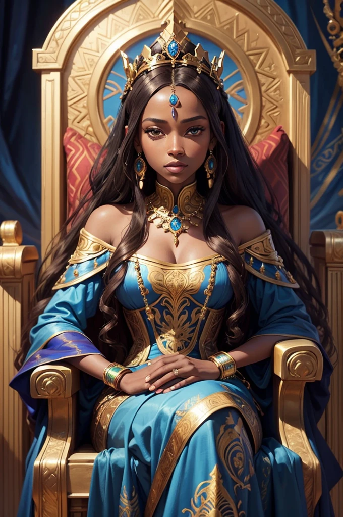 An oil painting of a stoic black African queen sitting on a grand throne. She has long, flowing sandy-brown hair and wears a magnificent crown adorned with jewels. Her attire is a luxurious, jewel-encrusted dress in vibrant blue and gold. The throne is ornate, with intricate designs and colorful gemstones. The background features rich blue drapery, adding to the regal atmosphere and blue snakes. The painting emphasizes the elegance, poise, and regal nature of the princess, capturing the richness of the colors and details in her clothing and surroundings.