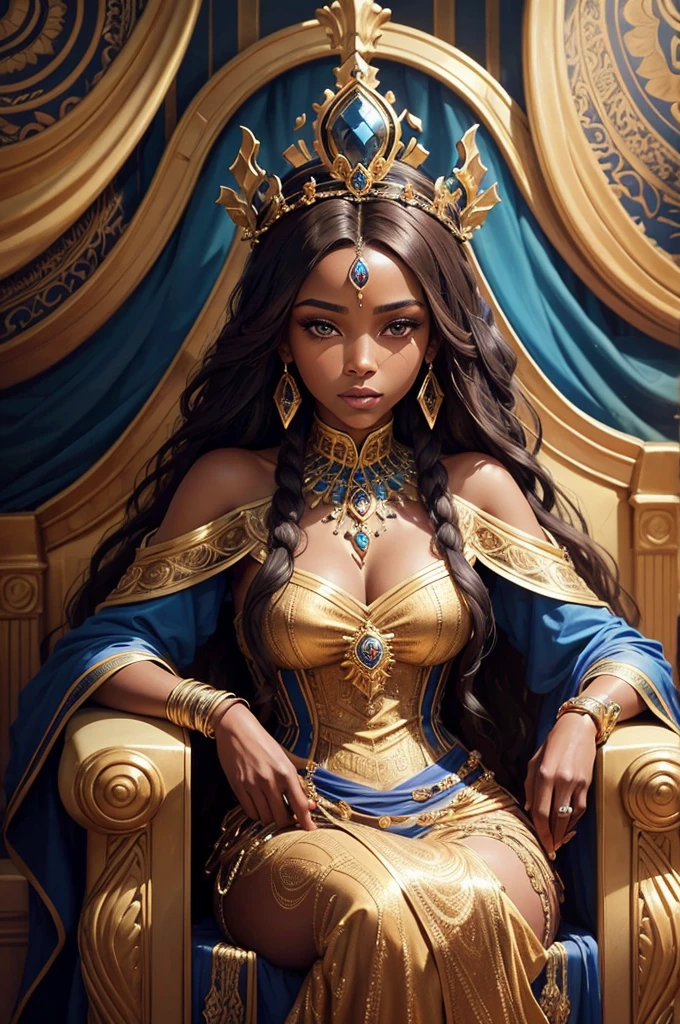 An oil painting of a stoic black African queen sitting on a grand throne. She has long, flowing sandy-brown hair and wears a magnificent crown adorned with jewels. Her attire is a luxurious, jewel-encrusted dress in vibrant blue and gold. The throne is ornate, with intricate designs and colorful gemstones. The background features rich blue drapery, adding to the regal atmosphere and blue snakes. The painting emphasizes the elegance, poise, and regal nature of the princess, capturing the richness of the colors and details in her clothing and surroundings.
