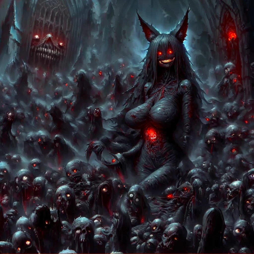 a beautiful detailed kitsune woman with long black fox ears and tails, glowing red eyes, highly detailed mature and curvy figure, large breasts, holding a towel, surrounded by a burning catedral full of charred corpses, terrifying smile with glowing red eyes, body covered in dark sinister stains, (best colors,extreme detail description,professional,horror,fantasy