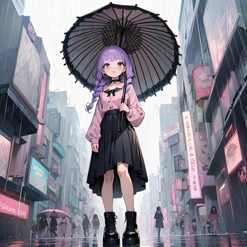 masterpiece, ultra detailed, 8K, solid blue Skyscrapers background, full body shot, Angle looking up from below.happy, a girl, kawaii, light atmosphere, mysterious atmosphere, (Cute a mesugaki girl:1.5), (a girl with closs hair pin,pale purple hair,wavy two braids,bluntbangs hair,green and black eyes,
pink shirt,cosplay, jirai kei, bangs, black skirt, black bow, looking at viewer, bow, long sleeves, choker, ribbon,pink lips,Thick-soled boots,fullbody shot :1.4),A mischievous smile, fangs, licking lips,
(masterpiece:1.3), anime visual, (Lovey-dovey:1.5), (tilt head:1.3), extremely delicate face, soft clean focus, realistic lighting and shading, (an extremely delicate and beautiful art:1.3), elegant, (muted colors:1.1), small breast,slim,(On a rainy day, walking through Shibuya with a black lace umbrella:1.5), expressionless,