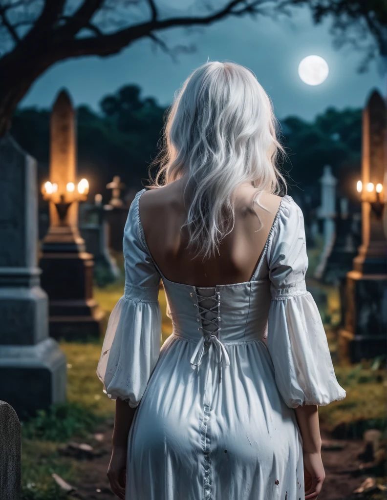 quality(8k wallpaper of extremely detailed CG unit, ​masterpiece, hight resolution, top-quality, top-quality real texture skin,hyper realisitic, digitial painting,increase the resolution,RAW photos，best qualtiy,highly detailed,the wallpaper),BREAK,8K, Girl in white messy and dirty dress, darkfantasy, standing in middle of Graveyard , shot from back, long messy white hair, night, horror scene, 