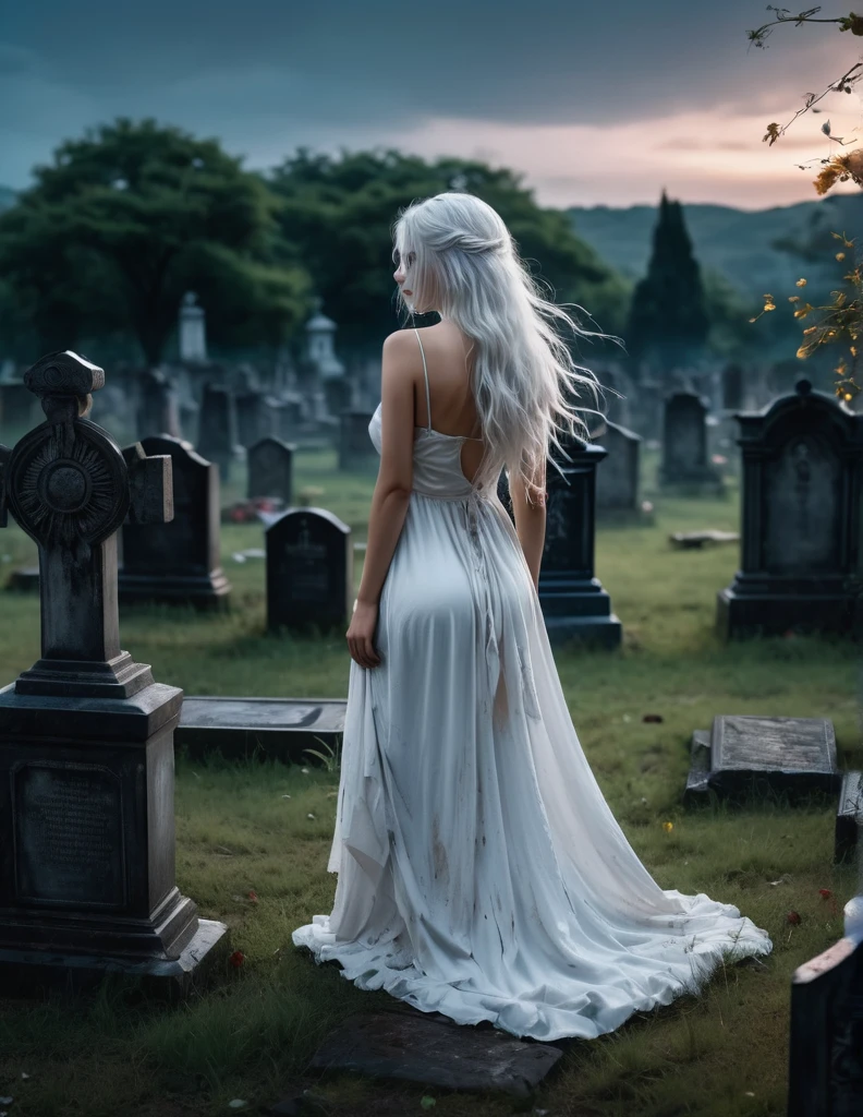 quality(8k wallpaper of extremely detailed CG unit, ​masterpiece, hight resolution, top-quality, top-quality real texture skin,hyper realisitic, digitial painting,increase the resolution,RAW photos，best qualtiy,highly detailed,the wallpaper),BREAK,8K, Girl in white messy and dirty dress, darkfantasy, standing in middle of Graveyard , shot from back, long messy white hair, night, horror scene, 