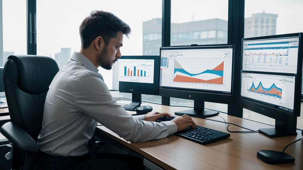 A professional photography style image of a data analyst working on a high-resolution monitor, displaying intricate data charts and graphs, hyper realistic, UHD, 1 person, sitting at desk, business attire, serious expression, focused on work, data visualization, complex infographics, modern office interior, studio lighting, cinematic composition, dramatic shadows, muted color palette, photorealistic rendering, ultra detailed, sharp focus