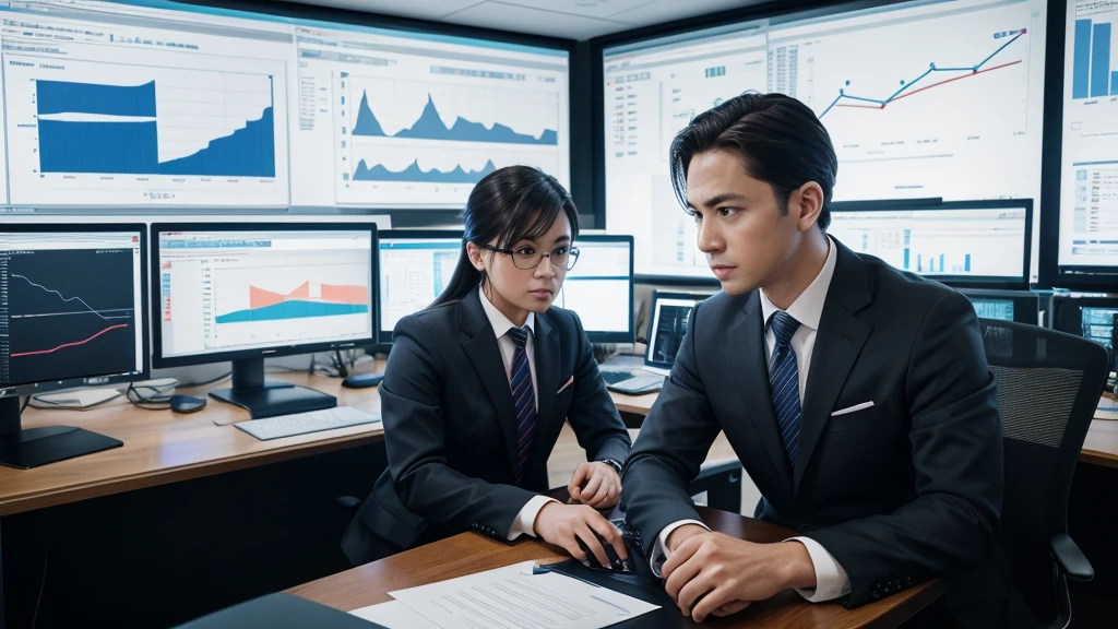 A professional photography style image of a data analyst working on a high-resolution monitor, displaying intricate data charts and graphs, hyper realistic, UHD, 1 person, sitting at desk, business attire, serious expression, focused on work, data visualization, complex infographics, modern office interior, studio lighting, cinematic composition, dramatic shadows, muted color palette, photorealistic rendering, ultra detailed, sharp focus