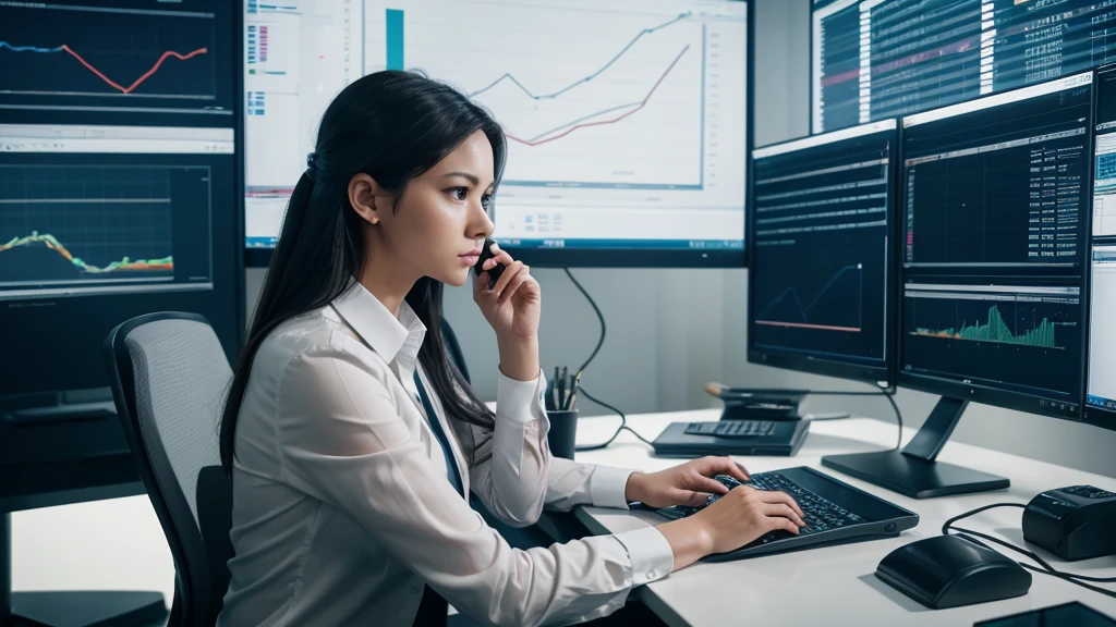 A professional photography style image of a data analyst working on a high-resolution monitor, displaying intricate data charts and graphs, hyper realistic, UHD, 1 person, sitting at desk, business attire, serious expression, focused on work, data visualization, complex infographics, modern office interior, studio lighting, cinematic composition, dramatic shadows, muted color palette, photorealistic rendering, ultra detailed, sharp focus