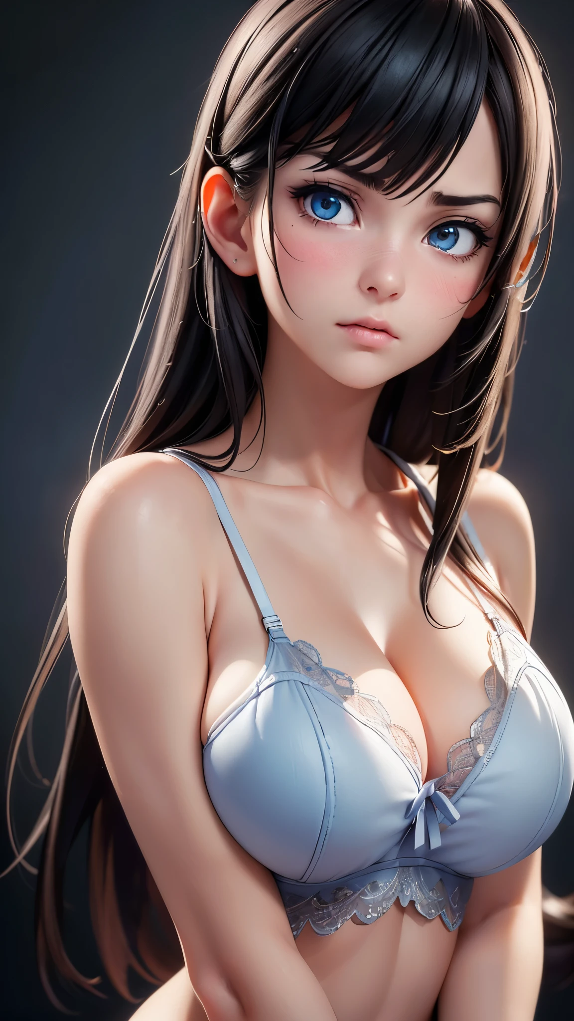 1 girl, black hair, ((annoyed expression)), beautiful breasts, white thin tank top, good posture, symmetrical clothing, (facing forward), (blushing cheeks, disdainful expression), (beautiful face), upper body, (((portrait))), blue eyes, (((evenly cut bangs))), transparent, ((sexy lingerie)), (best quality,4k,8k,highres,masterpiece:1.2),ultra-detailed,(realistic,photorealistic,photo-realistic:1.37),HDR,UHD,studio lighting,ultra-fine painting,sharp focus,physically-based rendering,extreme detail description,professional,vivid colors,bokeh,portrait