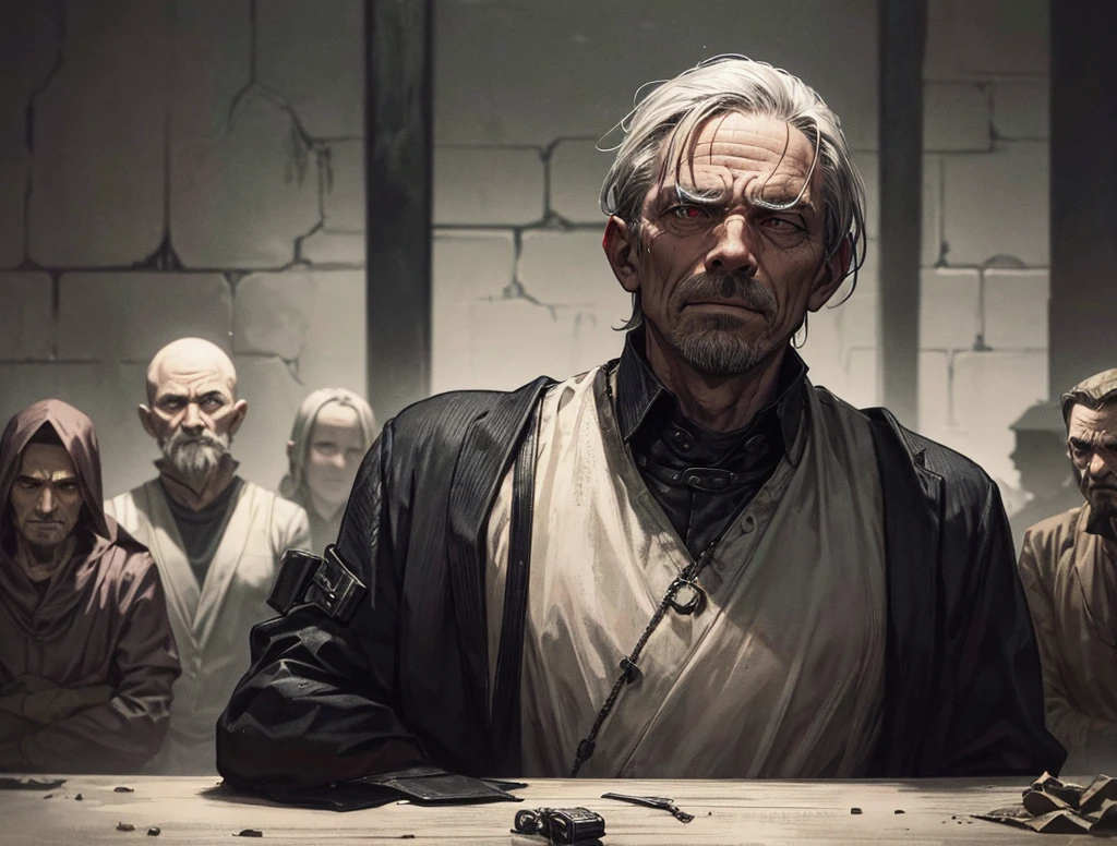 The scavenger leader, a grayish man with a cynical smirk... Make him in front like a profile picture, and in front of the table.. like making a deal, behind him is a dirty dark prison like dungeon...it is a slave den and make his face like a greedy evil dealer... The background is dark feels like a prison