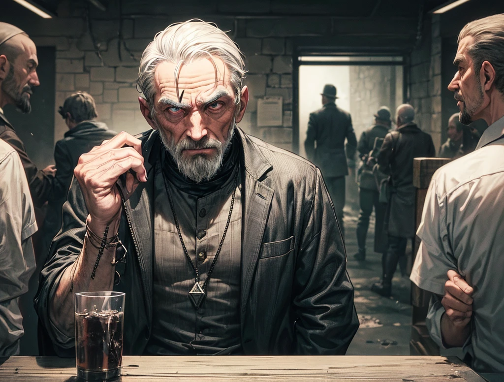 The scavenger leader, a grayish man with a cynical smirk... Make him in front like a profile picture, and in front of the table.. like making a deal, behind him is a dirty dark prison like dungeon...it is a slave den and make his face like a greedy evil dealer... The background is dark feels like a prison