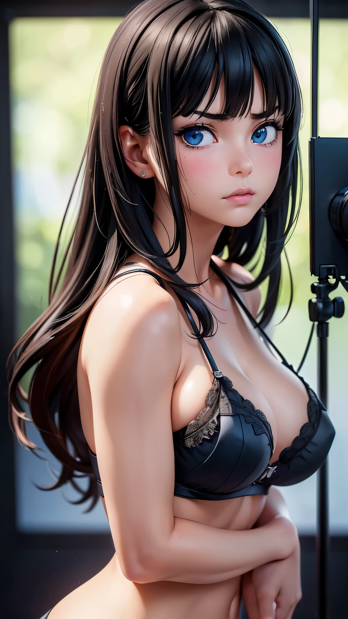 1 girl, black hair, ((annoyed expression)), beautiful breasts, white thin tank top, good posture, symmetrical clothing, (facing forward), (blushing cheeks, disdainful expression), (beautiful face), upper body, (((portrait))), blue eyes, (((evenly cut bangs))), transparent, ((sexy lingerie)), (best quality,4k,8k,highres,masterpiece:1.2),ultra-detailed,(realistic,photorealistic,photo-realistic:1.37),HDR,UHD,studio lighting,ultra-fine painting,sharp focus,physically-based rendering,extreme detail description,professional,vivid colors,bokeh,portrait