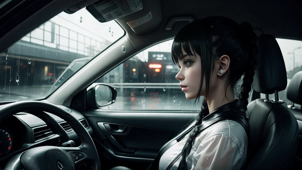 Cyberpunk Girl, Driving a car, Interior of the car, Window with raindrops