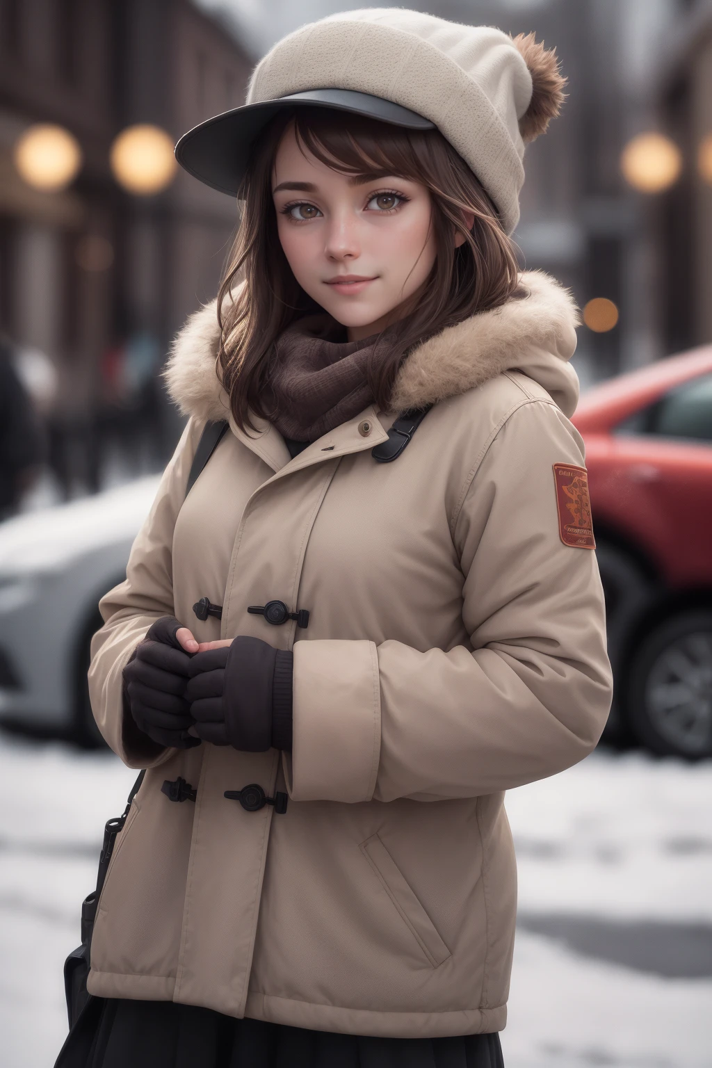 1girl, solo, looking at viewer, smile, brown hair, hat, hair between eyes, brown eyes, closed mouth, upper body, outdoors, day, medium hair, lips, coat, ground vehicle, building, motor vehicle, realistic, winter clothes, car, road, street, photo background, real world location,
cinematic film , realistic , shallow depth of field, vignette, highly detailed, high budget, bokeh, cinemascope, moody, epic, gorgeous, film grain, grainy,
