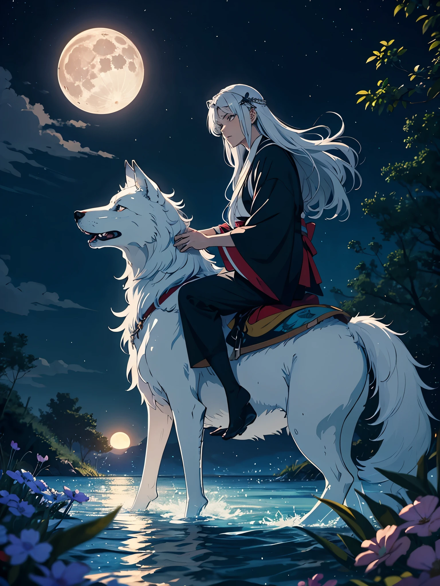 Riding a wolf. Kimono! Big Wolf. day lights. More anime. light blue light. Bright bright light. magical. Moon. Sitting on a big white wolf. Lightening flowers. More anime. male. Blue flowers. Long hair. long white hair. aquatic, boy, God of the Moon, silver hair accessories, White hair.