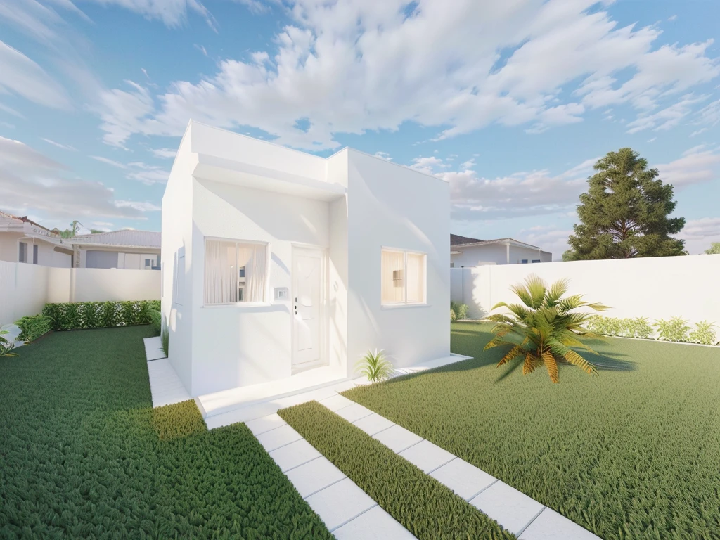 There is a little white house with a palm tree in the backyard, all white rendering, Rendering, render 3D, 3d Rendering, 3 d Rendering, photographic rendering, bright render, Realistic rendering, semi - Realistic rendering, wide angle exterior 2022, high quality Rendering, frontal perspective, photoRealistic rendering, artistic rendering, photorealistic Rendering