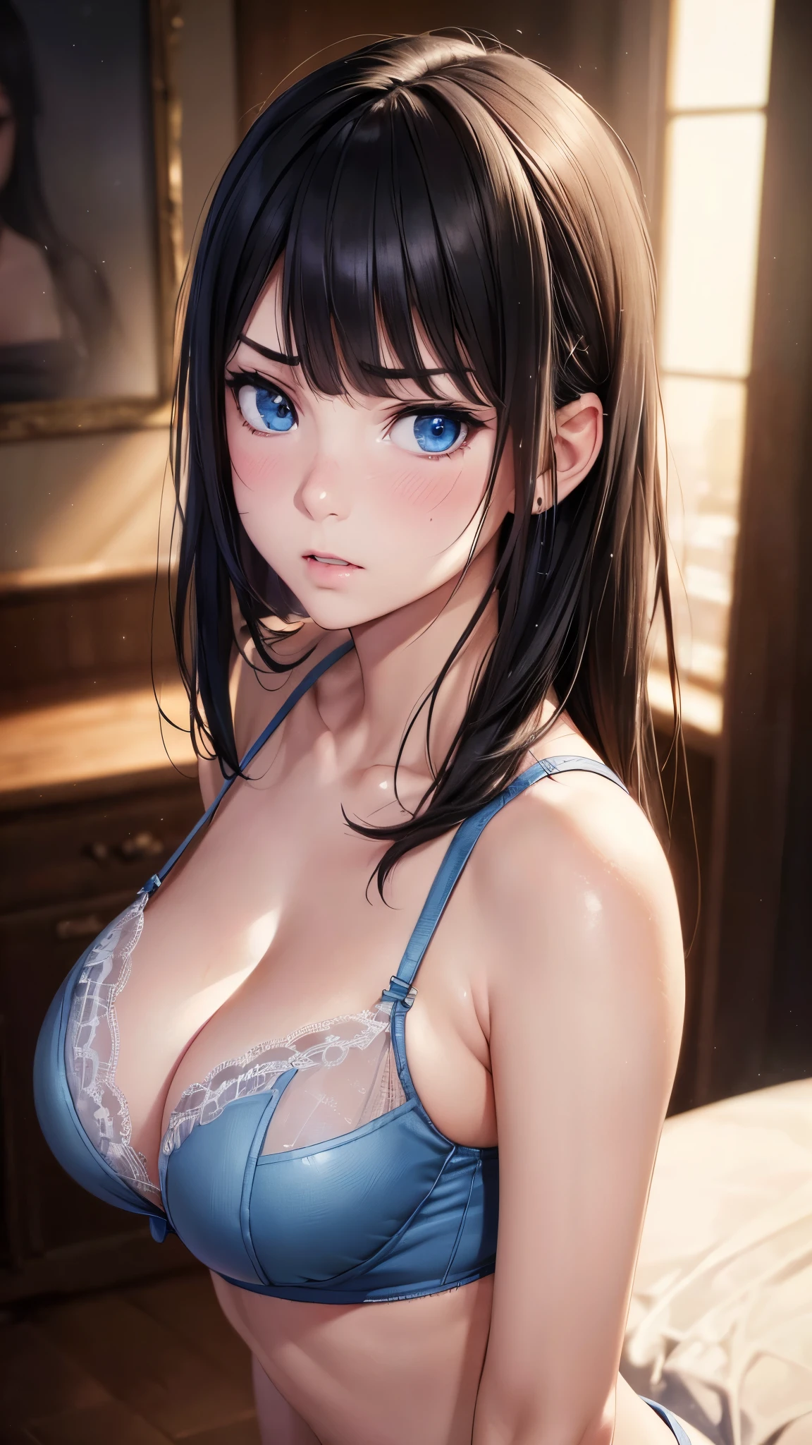 1 girl, black hair, ((annoyed expression)), beautiful breasts, white thin tank top, good posture, symmetrical clothing, (facing forward), (blushing cheeks, disdainful expression), (beautiful face), upper body, (((portrait))), blue eyes, (((evenly cut bangs))), transparent, ((sexy lingerie)), (best quality,4k,8k,highres,masterpiece:1.2),ultra-detailed,(realistic,photorealistic,photo-realistic:1.37),HDR,UHD,studio lighting,ultra-fine painting,sharp focus,physically-based rendering,extreme detail description,professional,vivid colors,bokeh,portrait