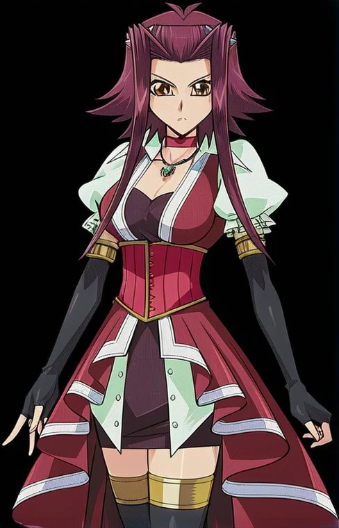 Digital illustration of an anime-style character. The character has long, spiky, dark pink hair with a distinctive style, featuring two prominent strands framing the face. She has large, expressive brown eyes and a fair skin tone. The character is dressed in a detailed, elaborate outfit consisting of a red corset with gold trim, a white blouse with puffy sleeves, and a layered red and white skirt with a high-low hemline. She also wears long black gloves and thigh-high stockings. A green pendant necklace adorns her neck, adding a touch of elegance to her appearance. The overall style is vibrant and detailed, typical of anime character design.