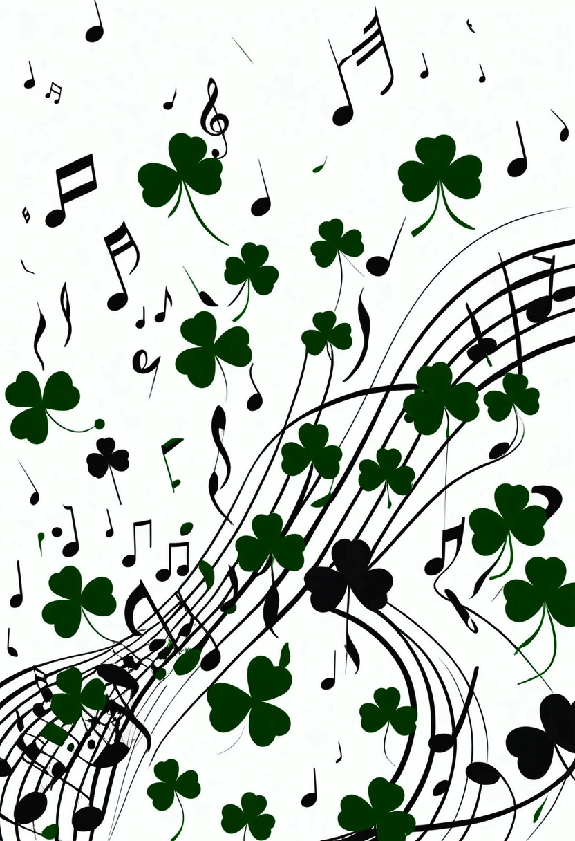 1 monochrome abstract musical notes, different sizes, bouncing, green shamrocks of different sizes, minimalist, modern, elegant, dynamic, clean, high contrast, black and white, simple, stylized, visually striking