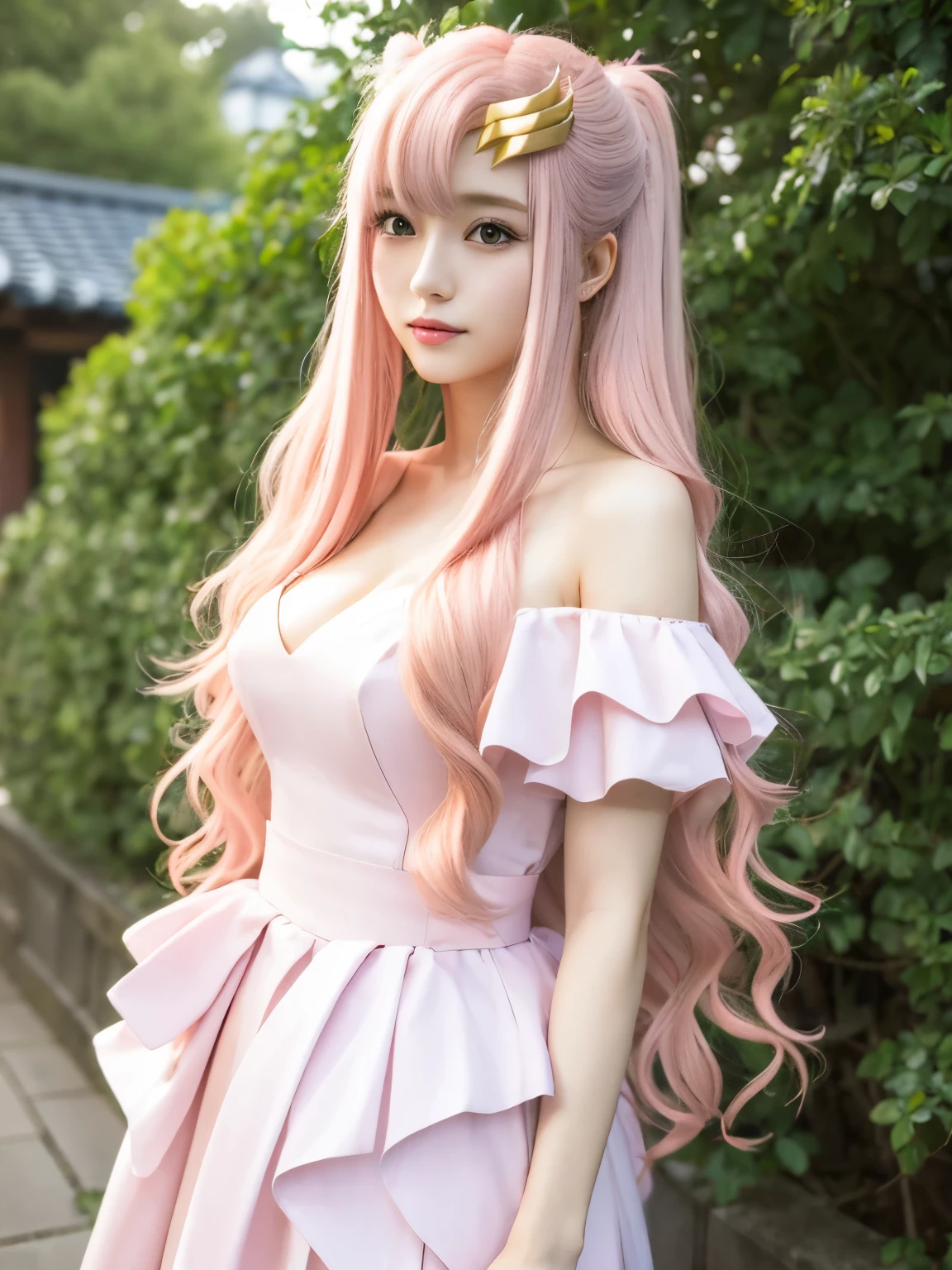 (Highest quality, 16K, masterpiece:1.55), Ultra detailed face, Detailed lips, Detailed eyes, double eyelid,
BREAK smile, upper body, (Seductive pose:1.6), (high angle shot, dutch angle, dynamic angle),
BREAK 1girl, 20 years old, (large Breasts:1.2), Svelte Body, (big hips:1.2),
BREAK lacus clyne, (purple eyes:1.1), hair ornament, long hair, wave hair ornament, (light pink hair:1.2),
BREAK (((Golden hair ornament))),
BREAK (Japanese Clothes, white and purple and pink shine maiden outfit),
BREAK outdoor, road,, shrinebackground,
