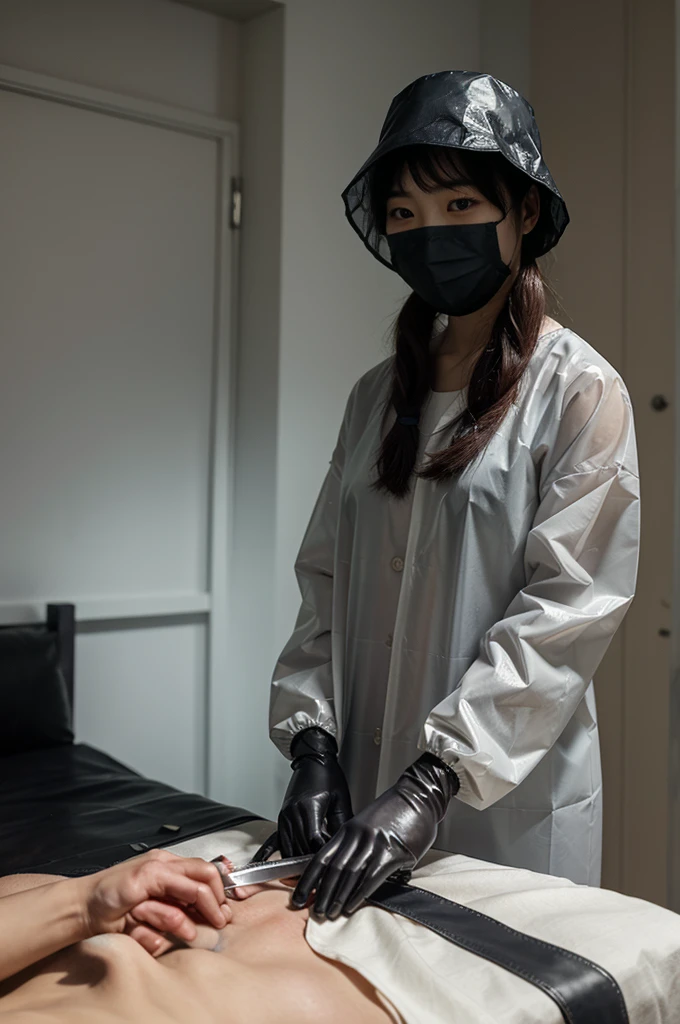 korean girl, (behind corpse, surgical mask), blood splatter, holding knife, stabbing, gloves, room full of blood, transparent raincoat, leather bucket hat, holding knife, gloves, behind corpse, ponytail, night, mass murderer, robbery, in the hotel,
