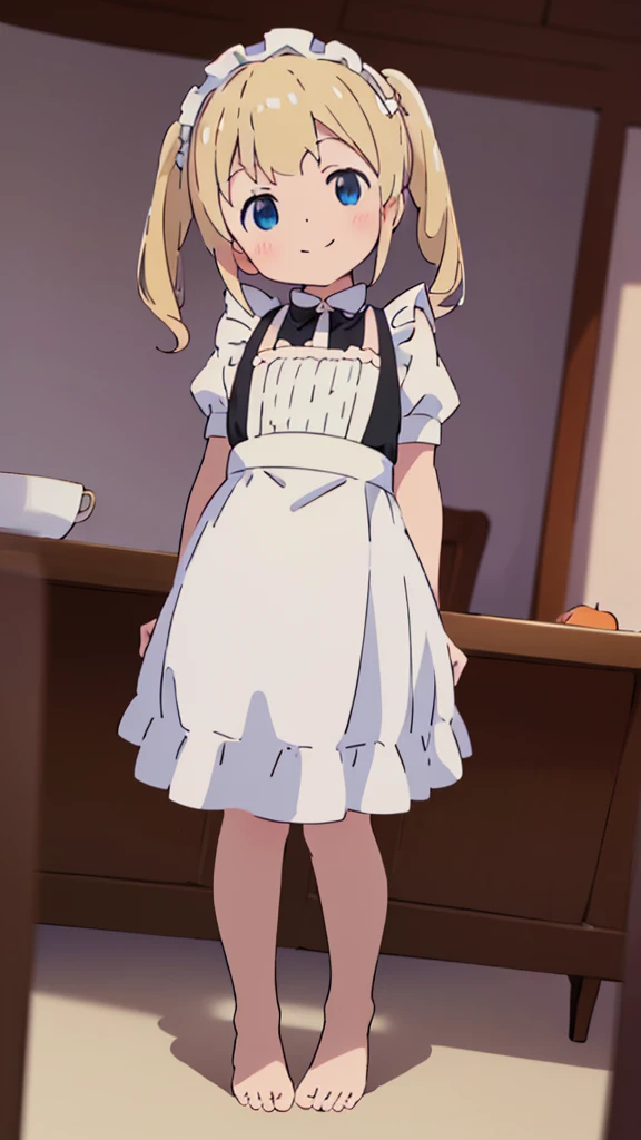 ((masterpiece))((Highest quality))girl、smile、blush、Flat Chest、Are thin、Blonde Hair、blush、Are standing、Whole body image、Even your toes are visible、Eye level to the feet、front、No background、真frontのアングル、A black maid outfit full of frills、Twin tails、Low - Angle、Fisheye Lens