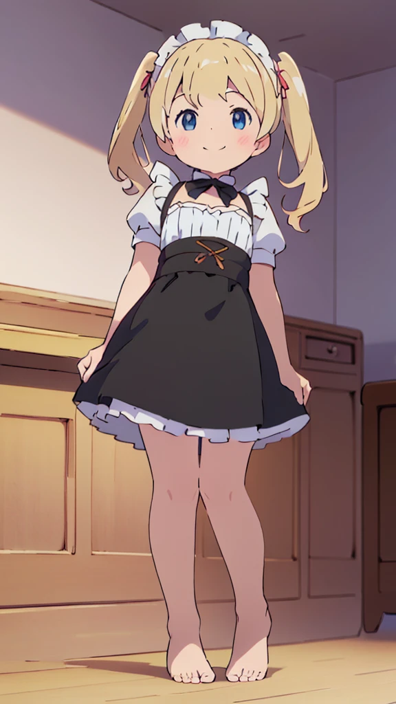 ((masterpiece))((Highest quality))girl、smile、blush、Flat Chest、Are thin、Blonde Hair、blush、Are standing、Whole body image、Even your toes are visible、Eye level to the feet、front、No background、真frontのアングル、A black maid outfit full of frills、Twin tails、Low - Angle、Fisheye Lens