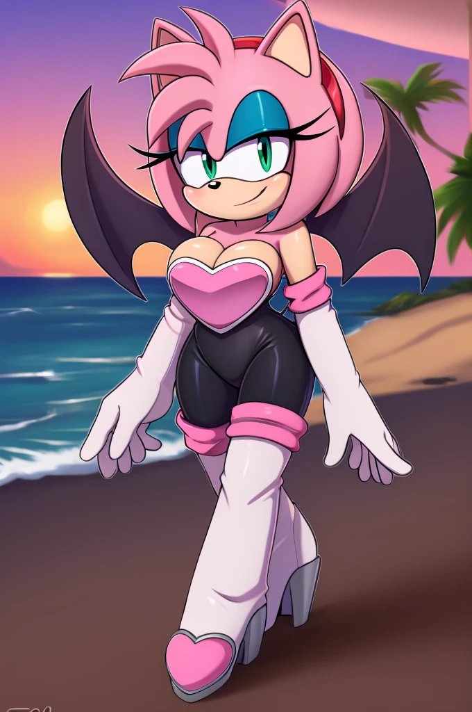 score_9, score_8_up, 2D, flat color, looking at viewer, (1girl), (solo), very detailed, extremely detailed, Amy Rose from the sonic the hedgehog series, portrait, a seductive smile,  hair down, hair bangs, large bust, milf, Rouge cosplay, cosplay, Rouge the Bat outfit, she wears a black skin-tight and strapless low-cut jumpsuit, a pink heart-shaped chest plate outlined with thin white trim, elbow-length white gloves and thigh-high high-heeled boots with pink cuffs to match them, with the latter featuring both gray soles and heels, along with steel toes in the appearance of pink hearts, matching her jumpsuit's chest plate, walking on the beach with the ocean waves in a nice sunset, 
