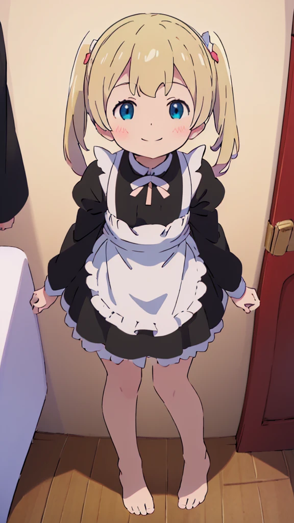 ((masterpiece))((Highest quality))girl、smile、blush、Flat Chest、Are thin、Blonde Hair、blush、Are standing、Whole body image、Even your toes are visible、Eye level to the feet、front、No background、真frontのアングル、A black maid outfit full of frills、Twin tails、Low - Angle、Fisheye Lens