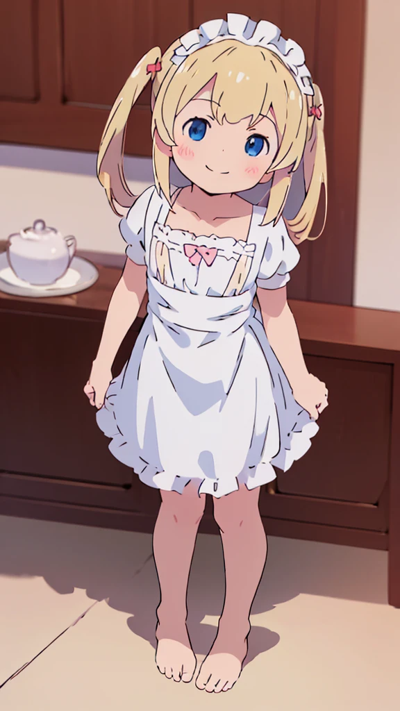 ((masterpiece))((Highest quality))girl、smile、blush、Flat Chest、Are thin、Blonde Hair、blush、Are standing、Whole body image、Even your toes are visible、Eye level to the feet、front、No background、真frontのアングル、A black maid outfit full of frills、Twin tails、Low - Angle、Fisheye Lens