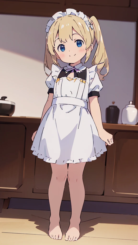 ((masterpiece))((Highest quality))girl、smile、blush、Flat Chest、Are thin、Blonde Hair、blush、Are standing、Whole body image、Even your toes are visible、Eye level to the feet、front、No background、真frontのアングル、A black maid outfit full of frills、Twin tails、Low - Angle、Fisheye Lens