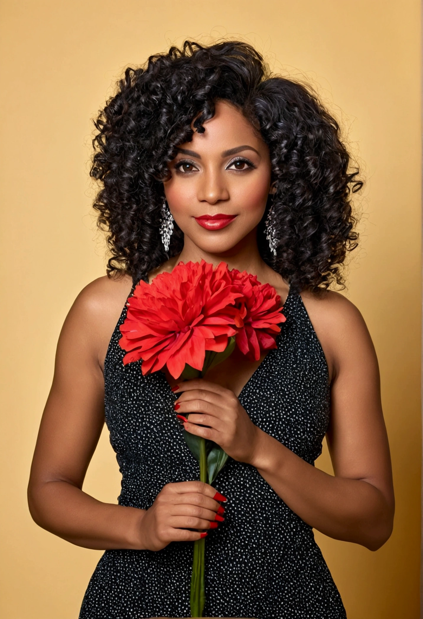beautiful black woman black curly hair shining. 30 year old woman face. role model. full body elegant pose.beautiful black woman black curly hair shining. 30 year old woman face. role model. full body elegant pose. standing holding a red flower in her hands