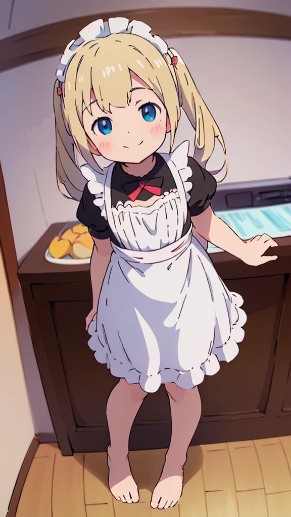 ((masterpiece))((Highest quality))girl、smile、blush、Flat Chest、Are thin、Blonde Hair、blush、Are standing、Whole body image、Even your toes are visible、Eye level to the feet、front、No background、真frontのアングル、A black maid outfit full of frills、Twin tails、Low - Angle、Fisheye Lens