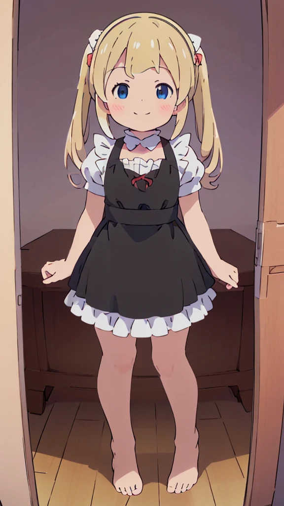 ((masterpiece))((Highest quality))girl、smile、blush、Flat Chest、Are thin、Blonde Hair、blush、Are standing、Whole body image、Even your toes are visible、Eye level to the feet、front、No background、真frontのアングル、A black maid outfit full of frills、Twin tails、Low - Angle、Fisheye Lens
