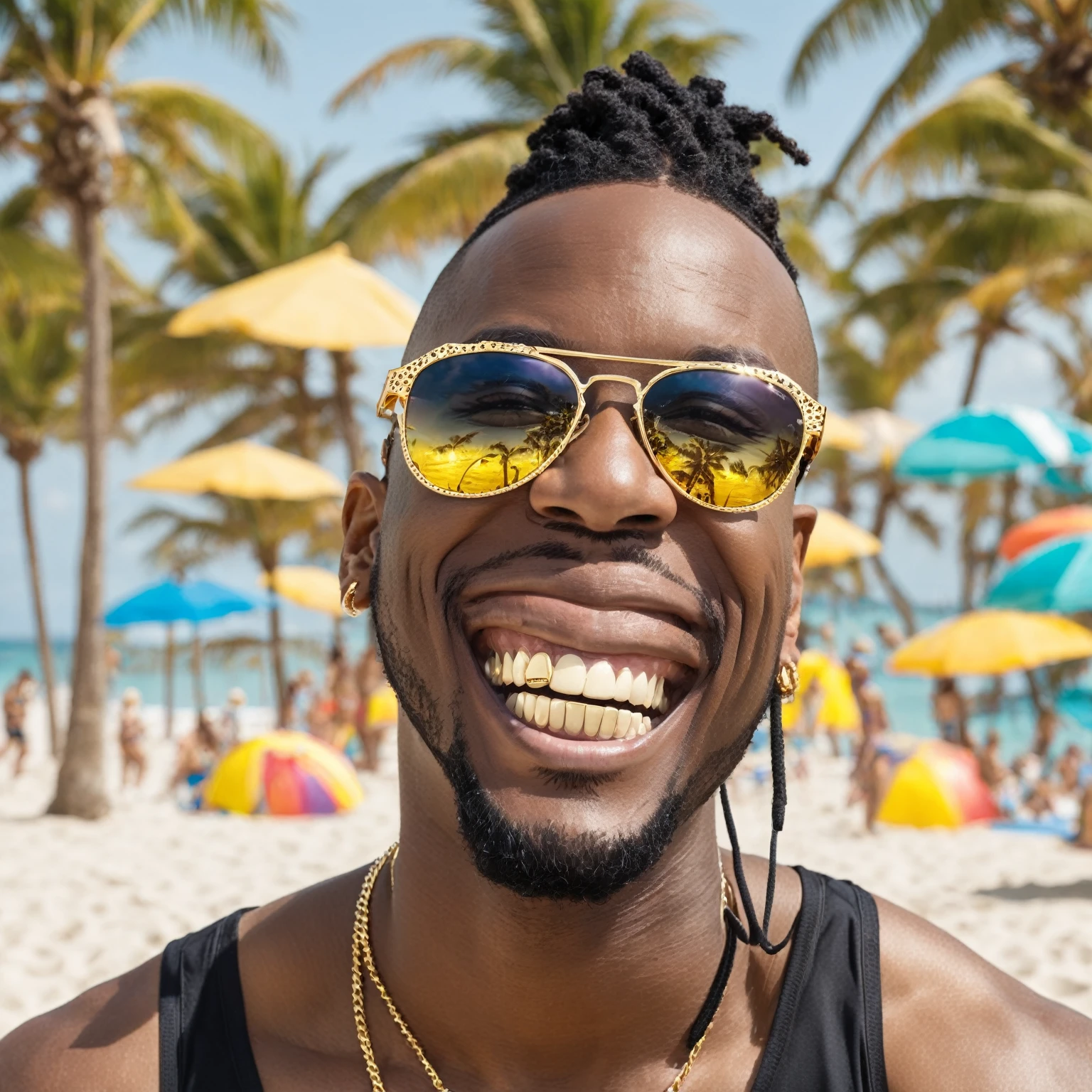a man rapper with gold teeth sport glasses, beach volleyball background
