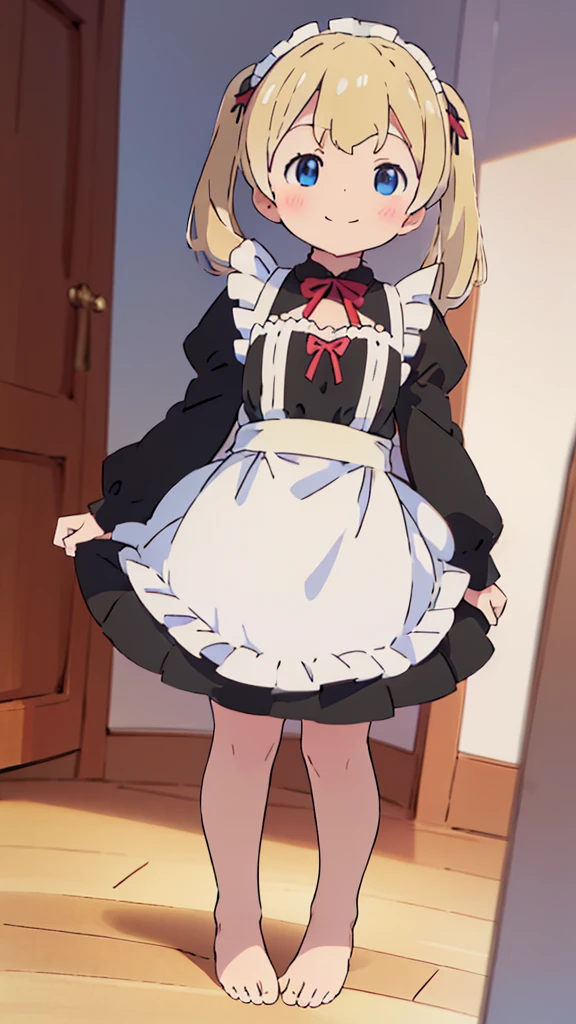 ((masterpiece))((Highest quality))girl、smile、blush、Flat Chest、Are thin、Blonde Hair、blush、Are standing、Whole body image、Even your toes are visible、Eye level to the feet、front、No background、真frontのアングル、A black maid outfit full of frills、Twin tails、Low - Angle、Fisheye Lens