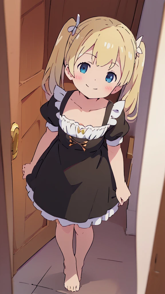 ((masterpiece))((Highest quality))girl、smile、blush、Flat Chest、Are thin、Blonde Hair、blush、Are standing、Whole body image、Even your toes are visible、Eye level to the feet、front、No background、真frontのアングル、A black maid outfit full of frills、Twin tails、Low - Angle、Fisheye Lens