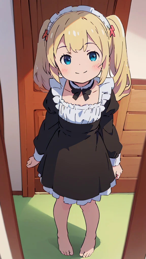 ((masterpiece))((Highest quality))girl、smile、blush、Flat Chest、Are thin、Blonde Hair、blush、Are standing、Whole body image、Even your toes are visible、Eye level to the feet、front、No background、真frontのアングル、A black maid outfit full of frills、Twin tails、Low - Angle、Fisheye Lens