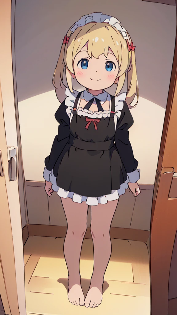 ((masterpiece))((Highest quality))girl、smile、blush、Flat Chest、Are thin、Blonde Hair、blush、Are standing、Whole body image、Even your toes are visible、Eye level to the feet、front、No background、真frontのアングル、A black maid outfit full of frills、Twin tails、Low - Angle、Fisheye Lens