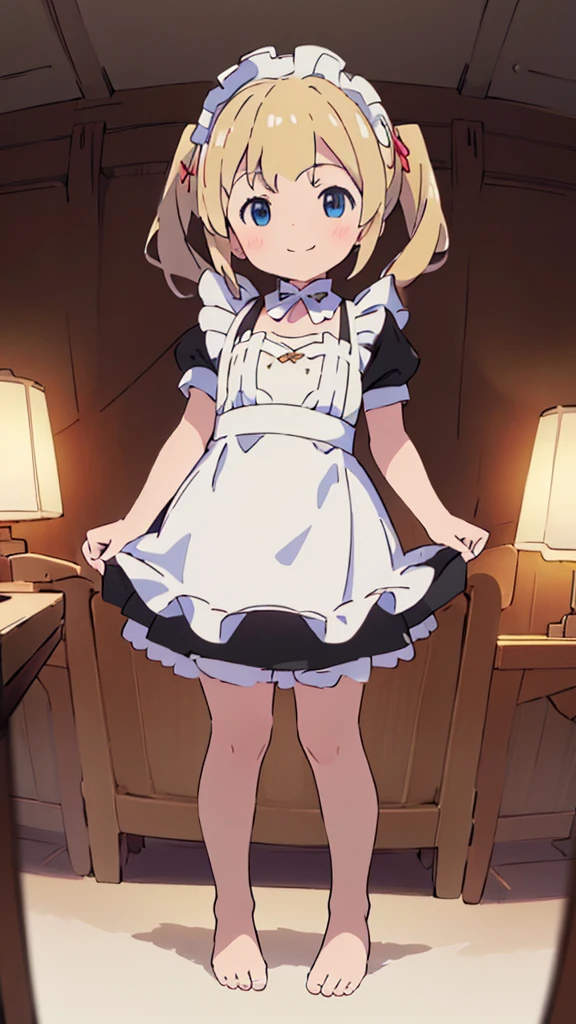 ((masterpiece))((Highest quality))girl、smile、blush、Flat Chest、Are thin、Blonde Hair、blush、Are standing、Whole body image、Even your toes are visible、Eye level to the feet、front、No background、真frontのアングル、A black maid outfit full of frills、Twin tails、Low - Angle、Fisheye Lens