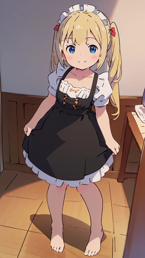 ((masterpiece))((Highest quality))girl、smile、blush、Flat Chest、Are thin、Blonde Hair、blush、Are standing、Whole body image、Even your toes are visible、Eye level to the feet、front、No background、真frontのアングル、A black maid outfit full of frills、Twin tails、Low - Angle、Fisheye Lens