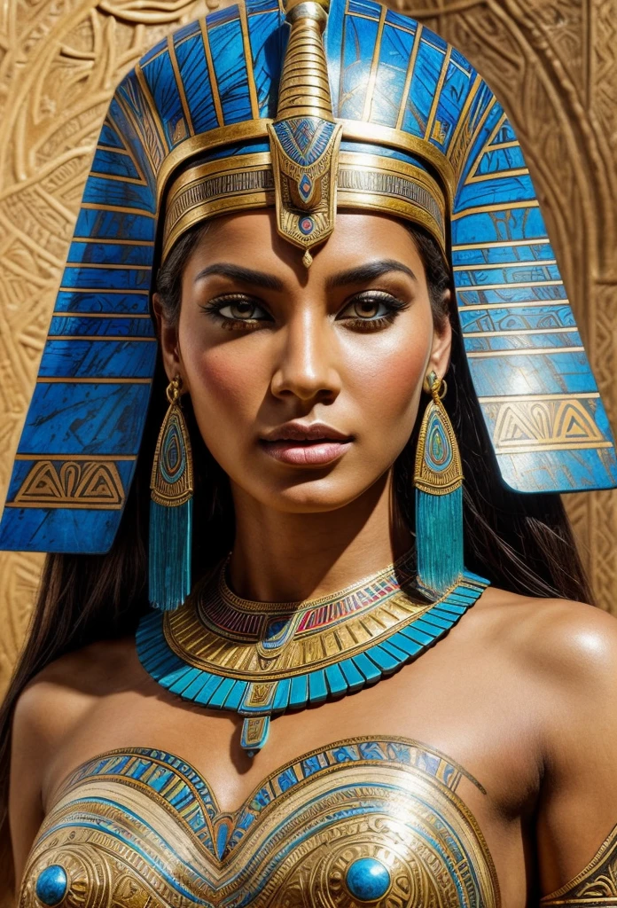 ethereal fantasy concept art, tribal style Concept art, portrait of a Egyptian Queen, Mesopotamian female, powerful ruler queen, penetrating gaze, warrior king, ruler of the world, classic antiquity, highly detailed ral-camo, detailed skin with visible pores, masterpiece, 8k, hdr, art by Greg Rutkowski, palette knife painting with acrylic . indigenous, ethnic, traditional patterns, bold, natural colors, highly detailed . magnificent, celestial, ethereal, painterly, epic, majestic, magical, fantasy art, cover art, dreamy