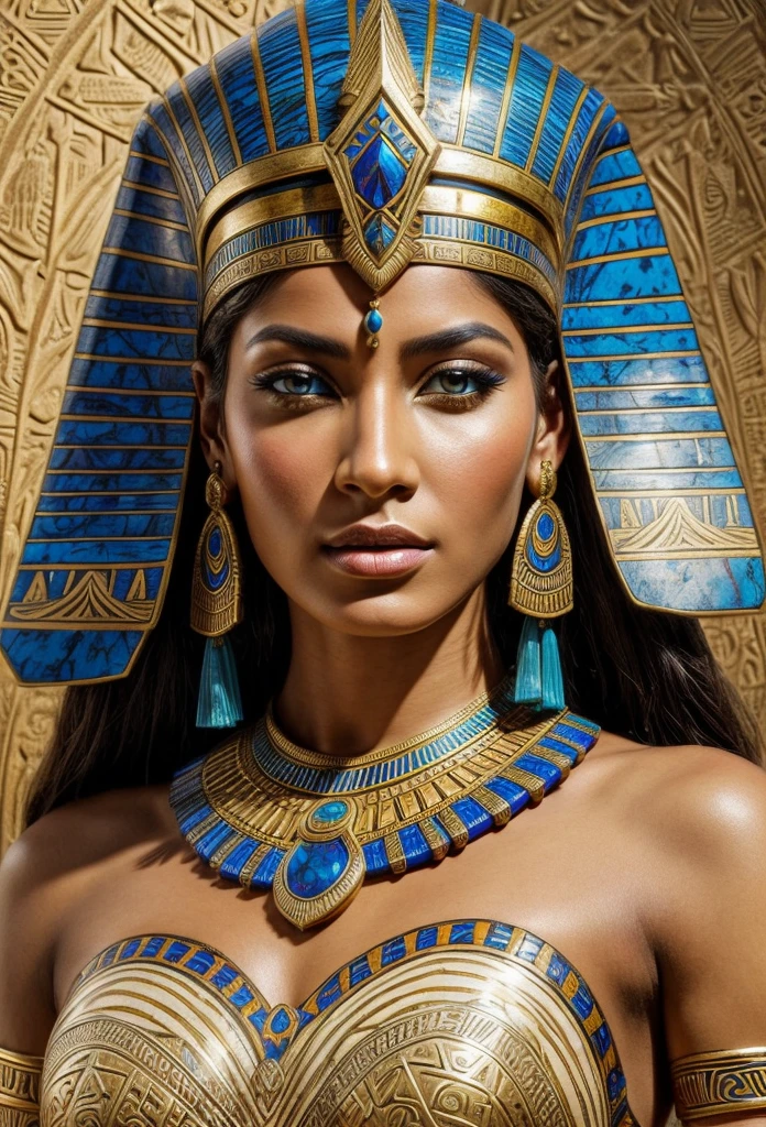 ethereal fantasy concept art, tribal style Concept art, portrait of a Egyptian Queen, Mesopotamian female, powerful ruler queen, penetrating gaze, warrior king, ruler of the world, classic antiquity, highly detailed ral-camo, detailed skin with visible pores, masterpiece, 8k, hdr, art by Greg Rutkowski, palette knife painting with acrylic . indigenous, ethnic, traditional patterns, bold, natural colors, highly detailed . magnificent, celestial, ethereal, painterly, epic, majestic, magical, fantasy art, cover art, dreamy