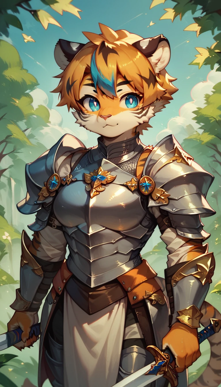 score_9, score_8_up) score_7_up, score_6_up, solo, tiger, kemono, anthro, cute, short hair, blue eyes, white pupils, sexy pose, orange fur, big sword, knight armor, outside,